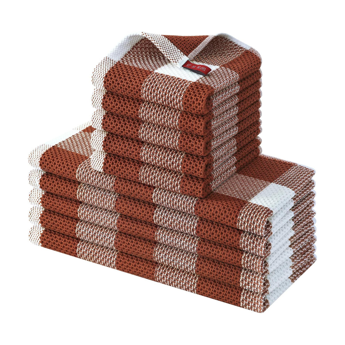 Homaxy Kitchen Towels and Dishcloths Set, Set of 10, White & Rust | Bulk Cotton Waffle Weave Check Plaid Kitchen