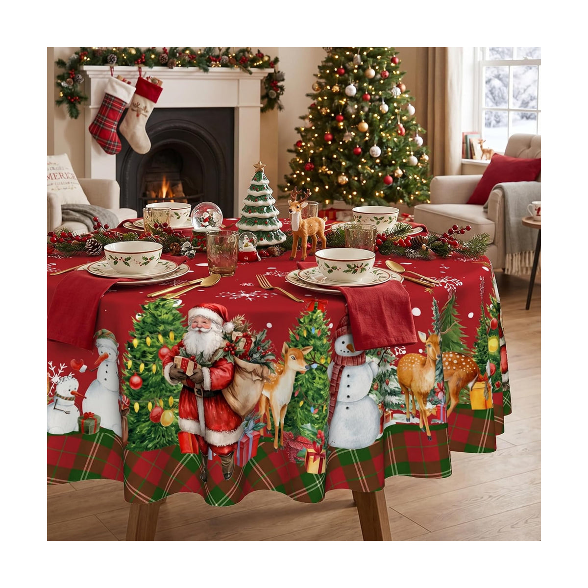 Christmas Tablecloth 70 Inch, Santa Claus & Snowman Water Resistant Round Table Cover, Farmhouse Winter Holiday Table Decor for Xmas Dinner Party Kitchen Home