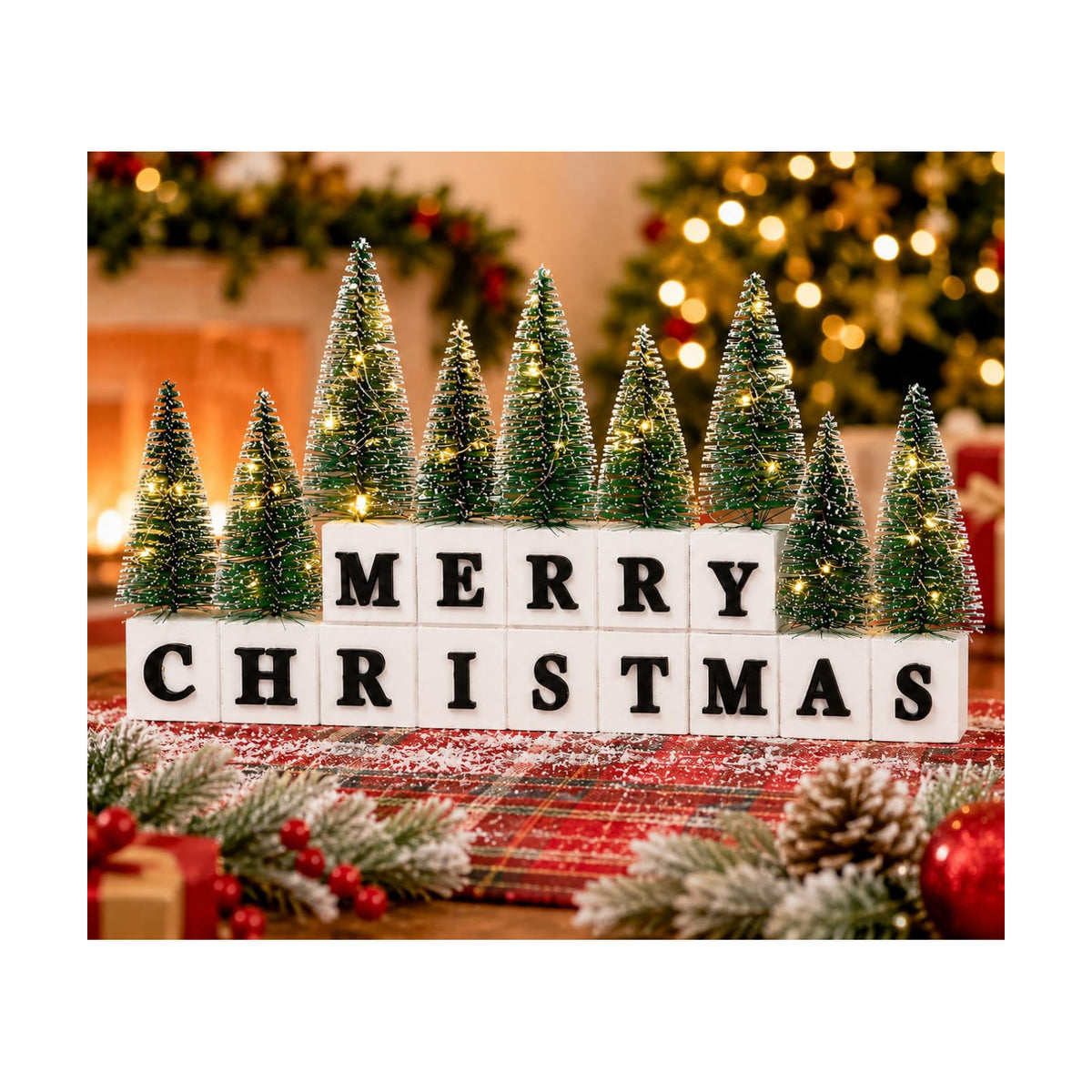 Merry Christmas Table Decor with Warm Lighted Mini Trees and 3D Letters
