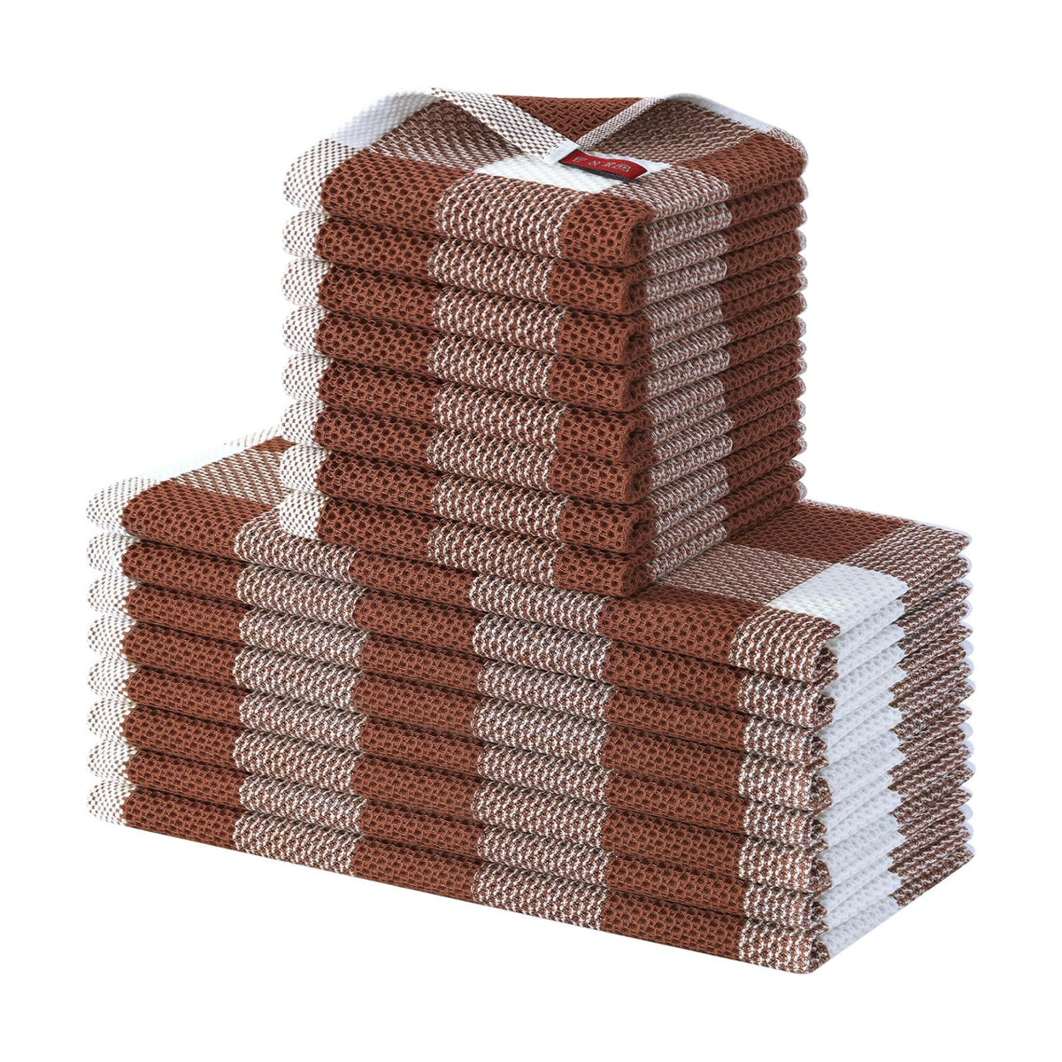 Homaxy Kitchen Towels and Dishcloths Set, Set of 16, White & Rust | Bulk Cotton Waffle Weave Check Plaid Kitchen