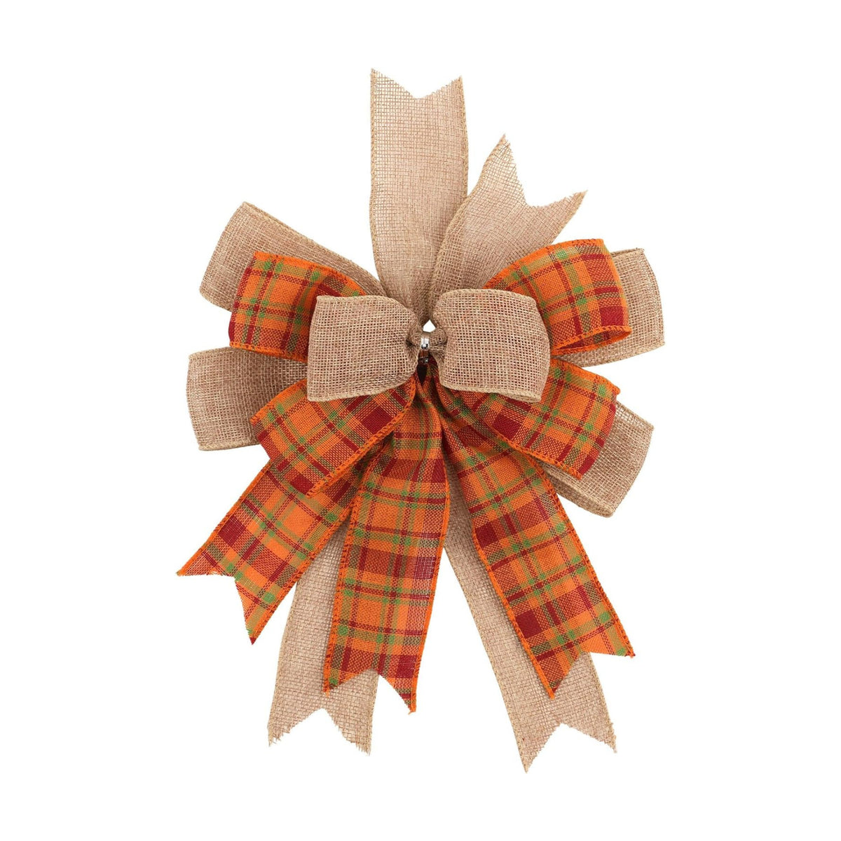 Fall Bows for Wreaths, 9.4 x 11.8 Inch Orange Burlap and Wired Plaid Ribbon, Handmade Autumn Wreath Bow for Mailbox Lantern Tree Topper, Thanksgiving Harvest Door Decor