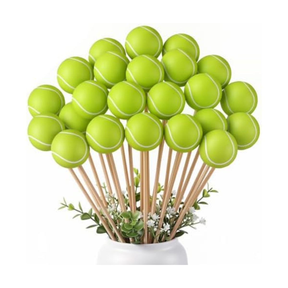 Soulchen 24 Pcs Tennis Centerpiece Sticks Set 1.57 Inches Tennis Balls with 7.87 Inches Sticks for Ball Themed Party Decorations Sports Banquet Table Centerpieces Event Decor