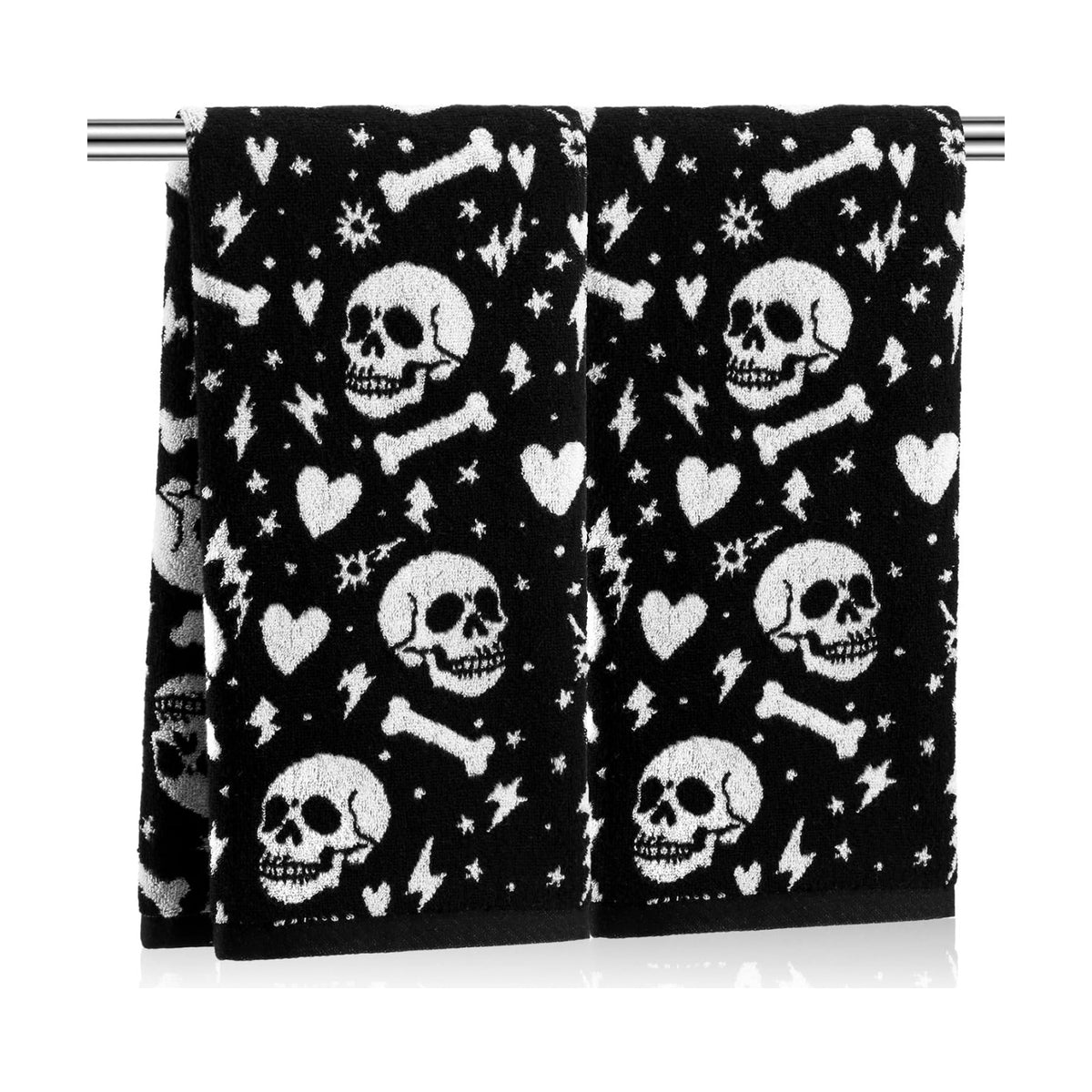 Breling 2 Pcs Halloween Skull Hand Towels Black White Bathroom Towels