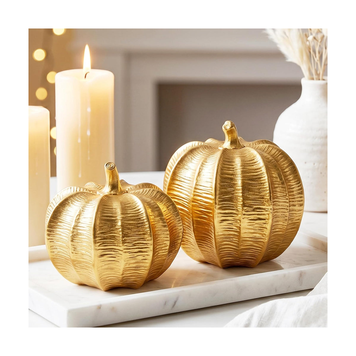 Gold Pumpkins Fall Decor, 2Pcs Decorative Pumpkin Figurine for Thanksgiving