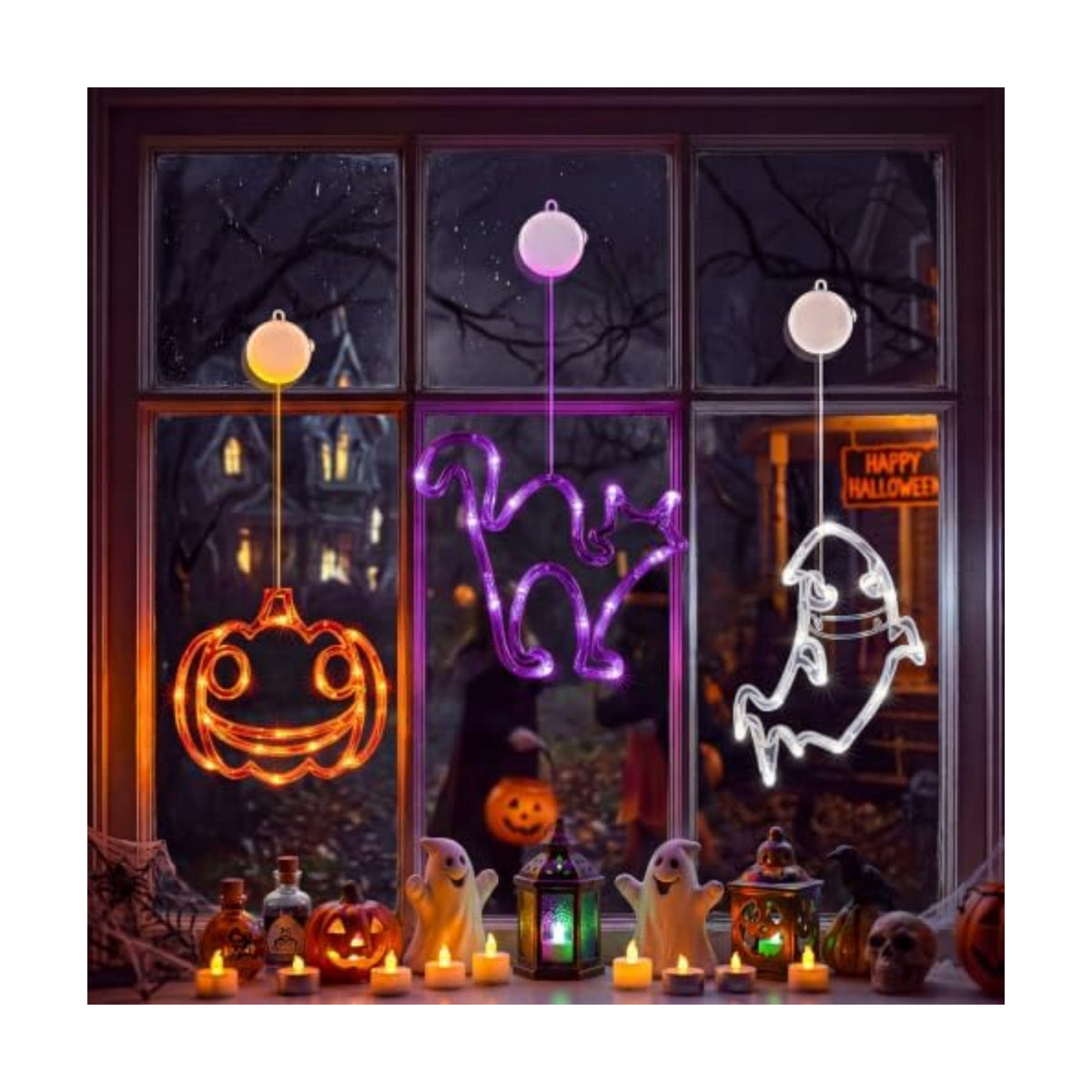 Minetom 3 Pack Halloween Windows Lights - Pumpkin, Ghost, Cat with Timer