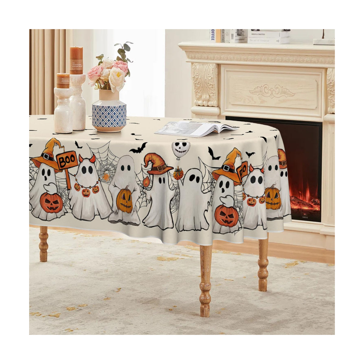 Horaldaily Halloween Tablecloth 60 x 84 Inch Oval Black Bat Ghost Pumpkin