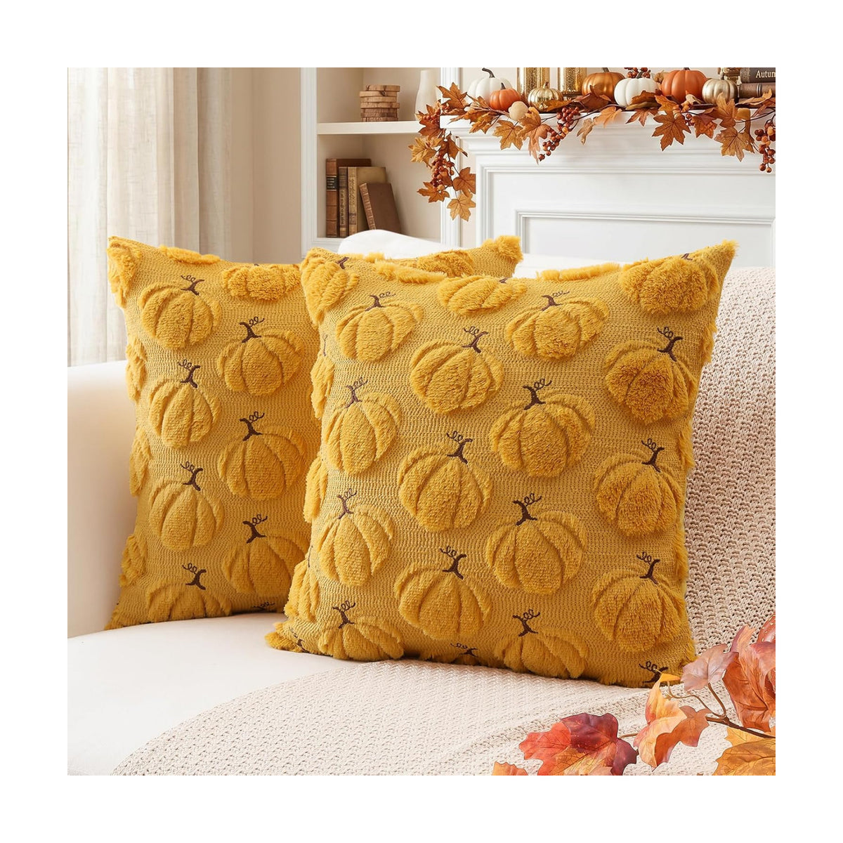 Artscope Pumpkin Fall Throw Pillow Covers 16x16 Set of 2, Autumn Soft Plush Faux Fur Decoration Cushion Covers for Thanksgiving Holiday Couch Sofa Bedroom Home Decor-Mustard Yellow