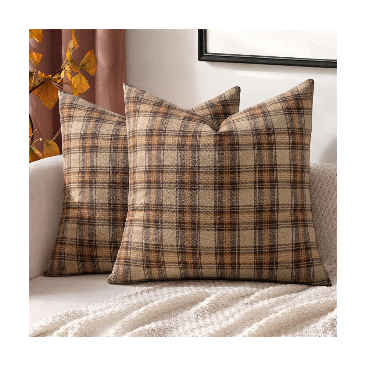 MIULEE Fall Plaid Pillow Covers Scottish Tartan 18x18 Camel Brown