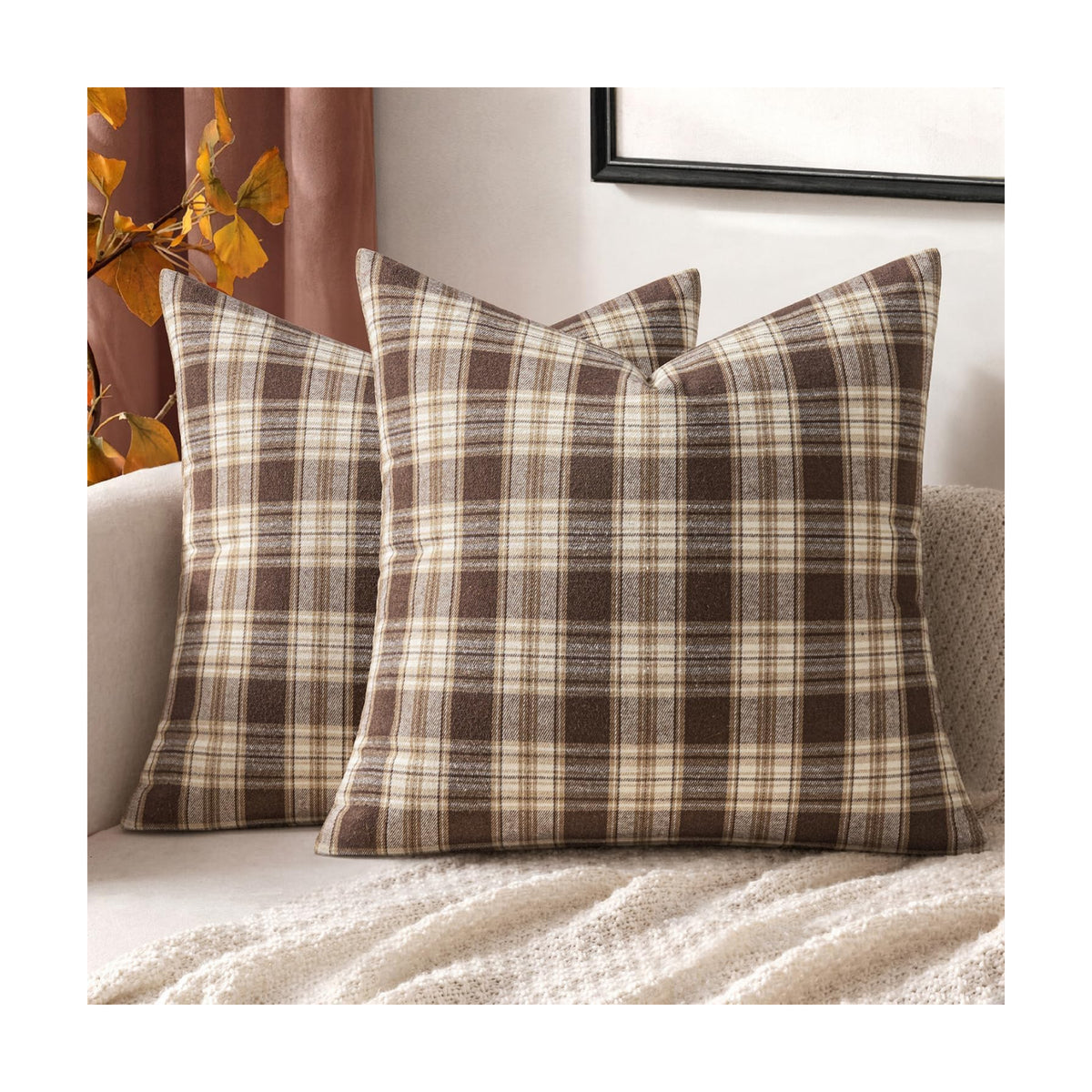 MIULEE Fall Plaid Pillow Covers Scottish Tartan 18x18 Chocolate Brown