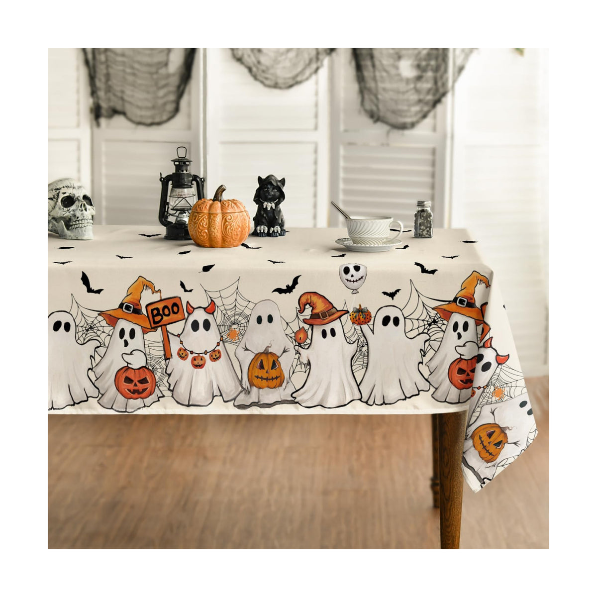 Horaldaily Halloween Tablecloth 60 x 84 Inch Rectangular Black Bat Ghost