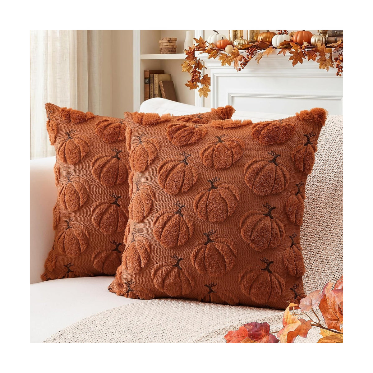 Artscope Pumpkin Fall Throw Pillow Covers 20x20 Set of 2, Autumn Soft Plush Faux Fur Decoration Cushion Covers for Thanksgiving Holiday Couch Sofa Bedroom Home Decor-Rust