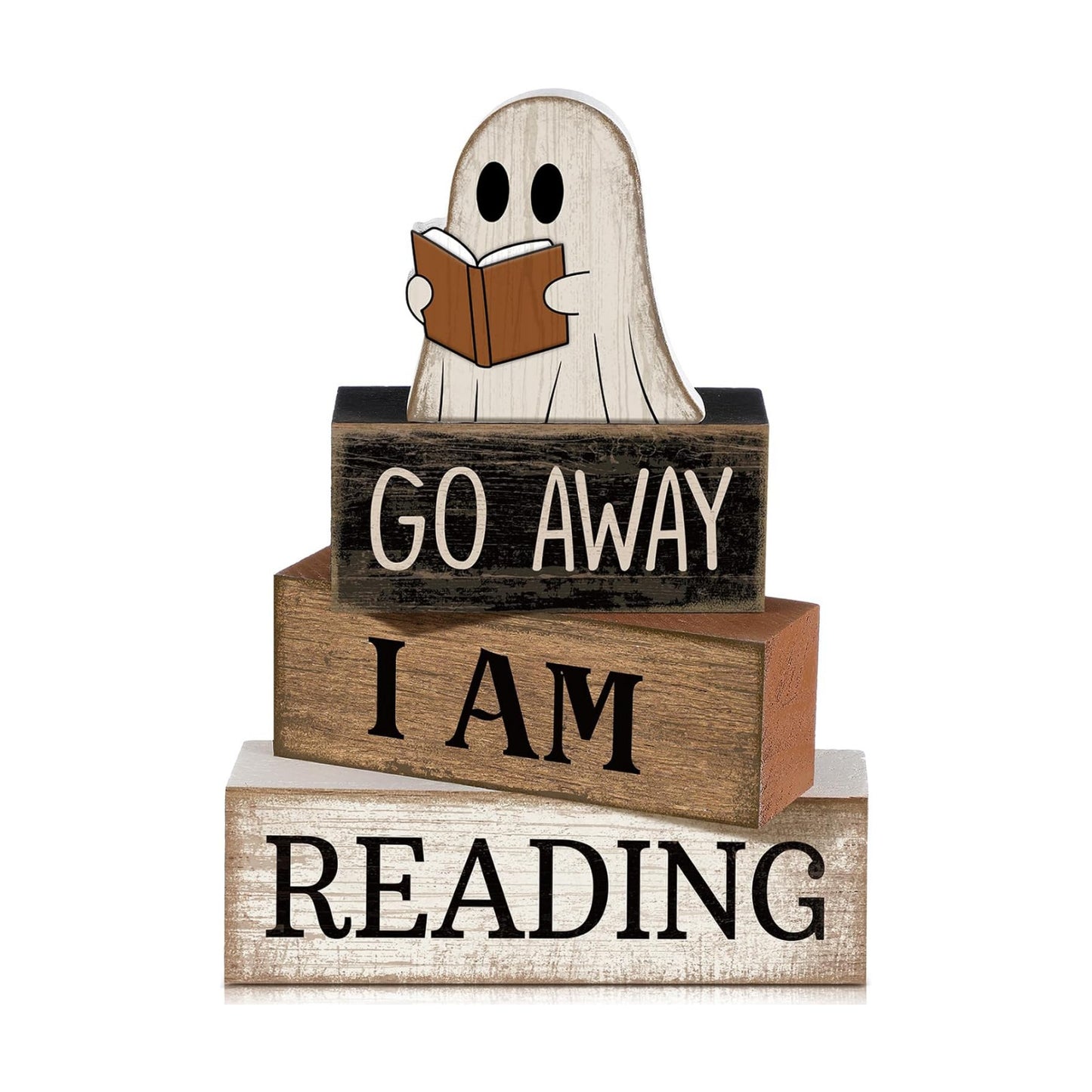 Moucuny 4 Pcs Halloween Table Decor Wooden Ghost Reading Stacked Block Sign
