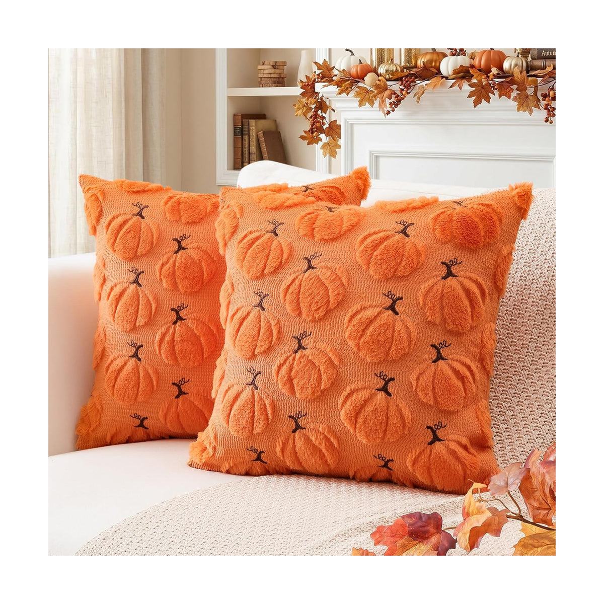 Artscope Pumpkin Fall Throw Pillow Covers 20x20 Set of 2, Autumn Soft Plush Faux Fur Decoration Cushion Covers for Thanksgiving Holiday Couch Sofa Bedroom Home Decor-Orange
