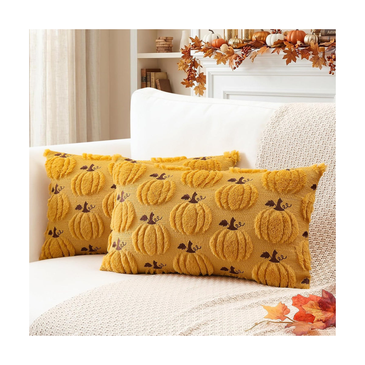 Artscope Fall Pumpkin Throw Pillow Covers 12x20 Set of 2, Autumn Soft Plush Faux Fur Decoration Cushion Covers for Thanksgiving Holiday Couch Sofa Bedroom Home Decor-Mustard Yellow