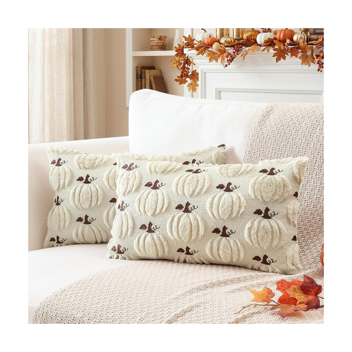 Artscope Fall Pumpkin Throw Pillow Covers 12x20 Set of 2, Autumn Soft Plush Faux Fur Decoration Cushion Covers for Thanksgiving Holiday Couch Sofa Bedroom Home Decor-Beige