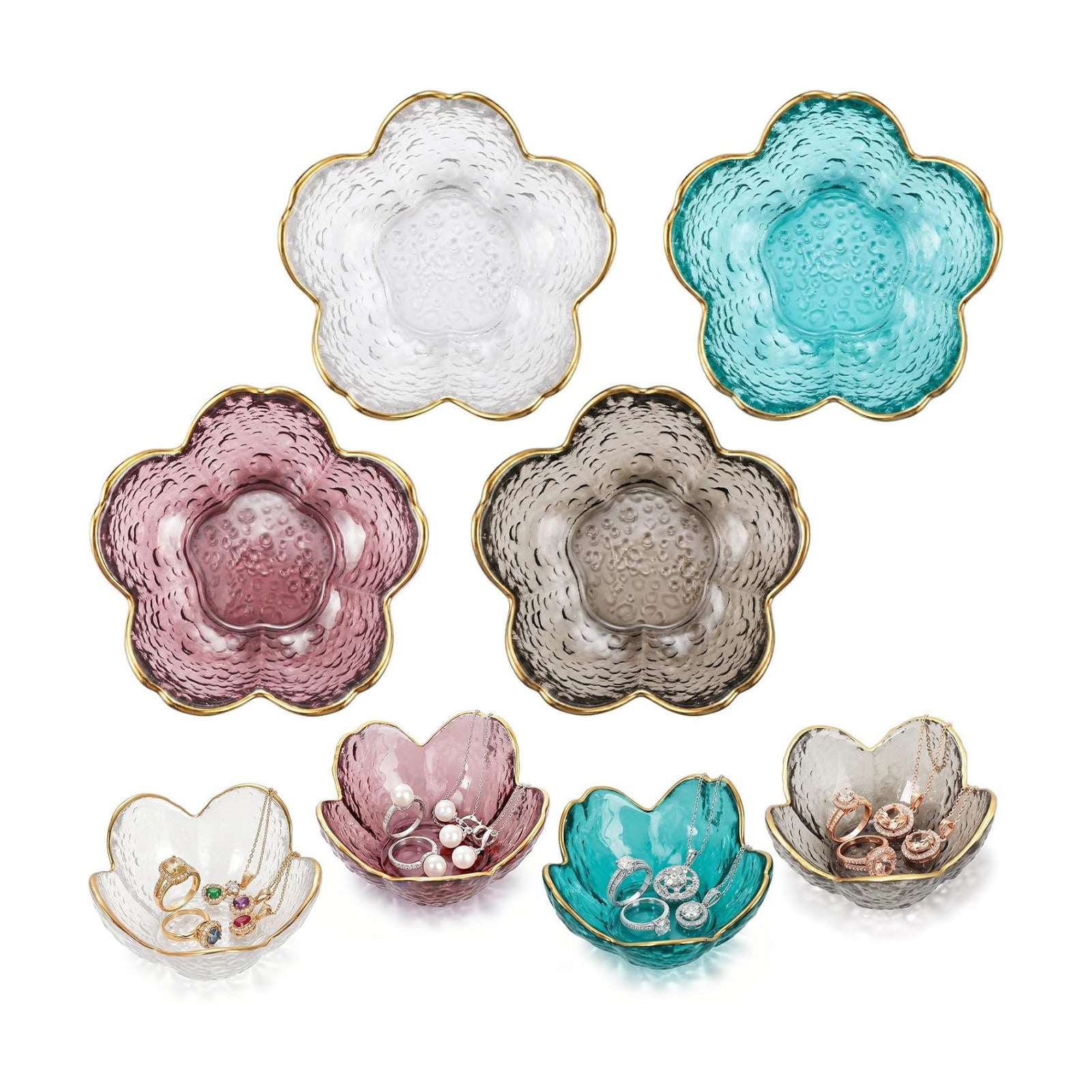 Jewelry Dish Small Flower Ring Holder Trinket Tray / Clear,purple, Gray, Green / Glass / Set of 4