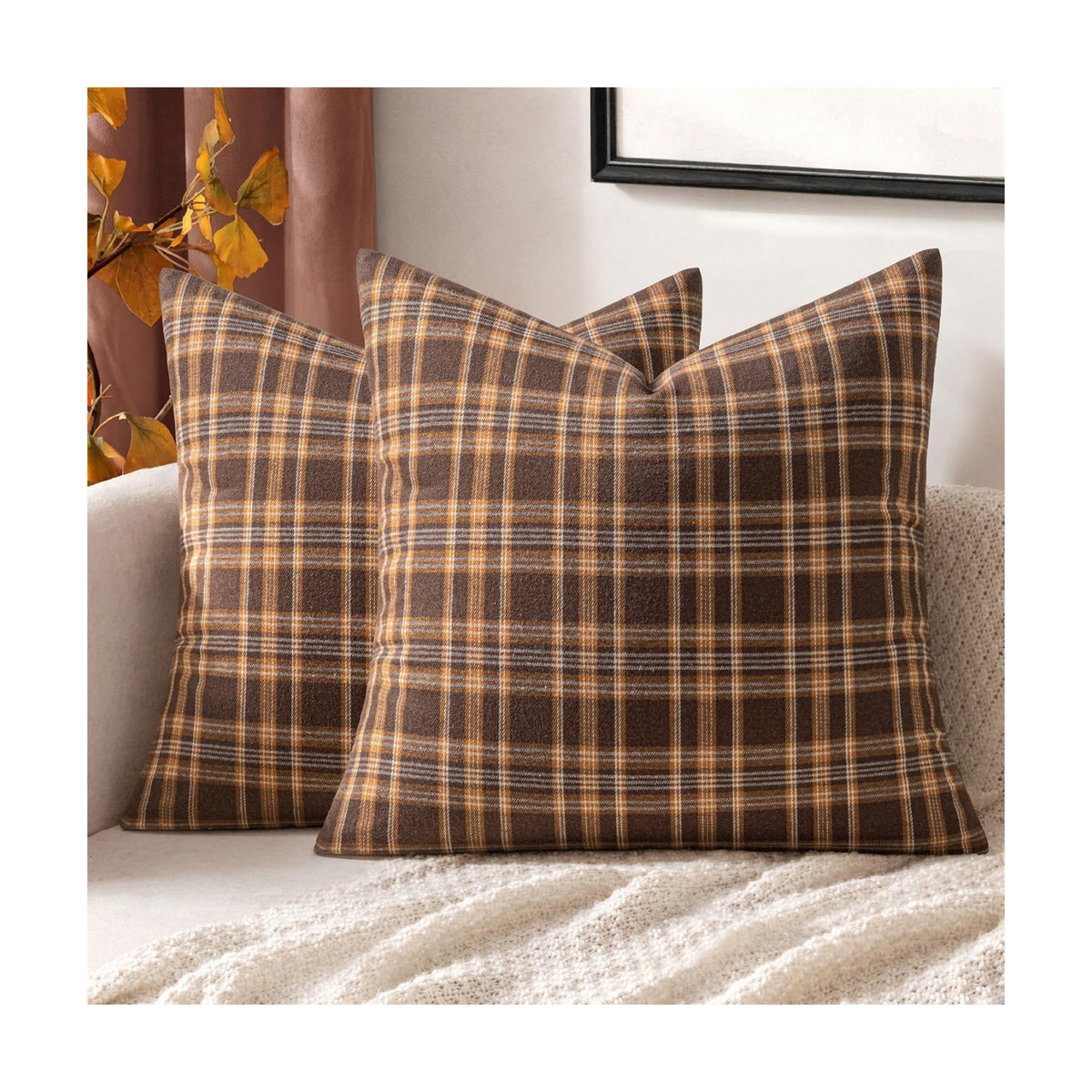 MIULEE Fall Plaid Pillow Covers Scottish Tartan 20x20 Dark Brown