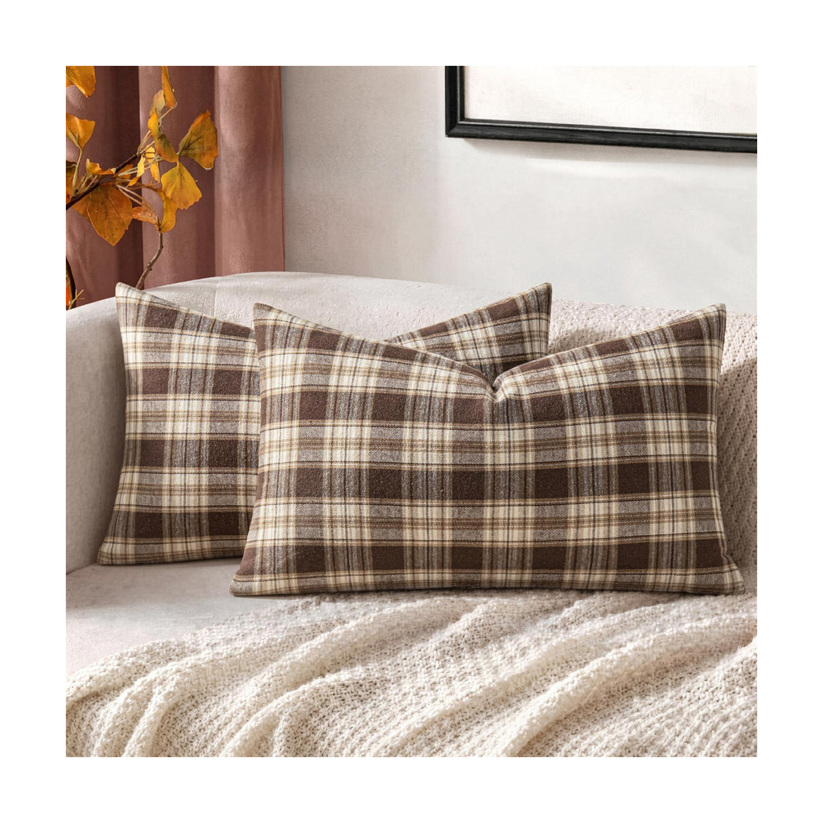MIULEE Fall Plaid Pillow Covers Scottish Tartan 12x20 Chocolate Brown