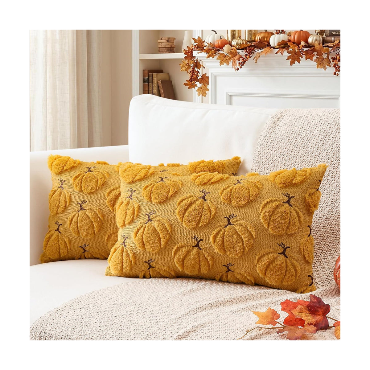 Artscope Pumpkin Fall Throw Pillow Covers 12x20 Set of 2, Autumn Soft Plush Faux Fur Decoration Cushion Covers for Thanksgiving Holiday Couch Sofa Bedroom Home Decor-Mustard Yellow