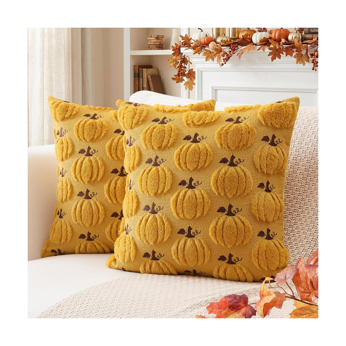 Artscope Fall Pumpkin Throw Pillow Covers 16x16 Set of 2, Autumn Soft Plush Faux Fur Decoration Cushion Covers for Thanksgiving Holiday Couch Sofa Bedroom Home Decor-Mustard Yellow