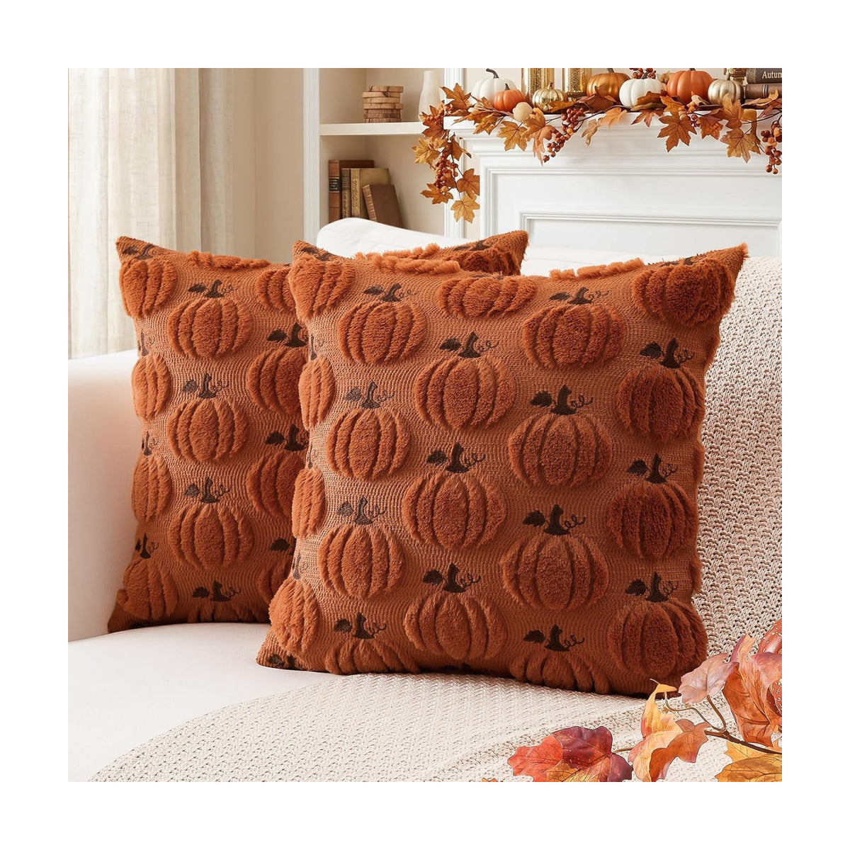 Artscope Fall Pumpkin Throw Pillow Covers 18x18 Set of 2, Autumn Soft Plush Faux Fur Decoration Cushion Covers for Thanksgiving Holiday Couch Sofa Bedroom Home Decor-Rust