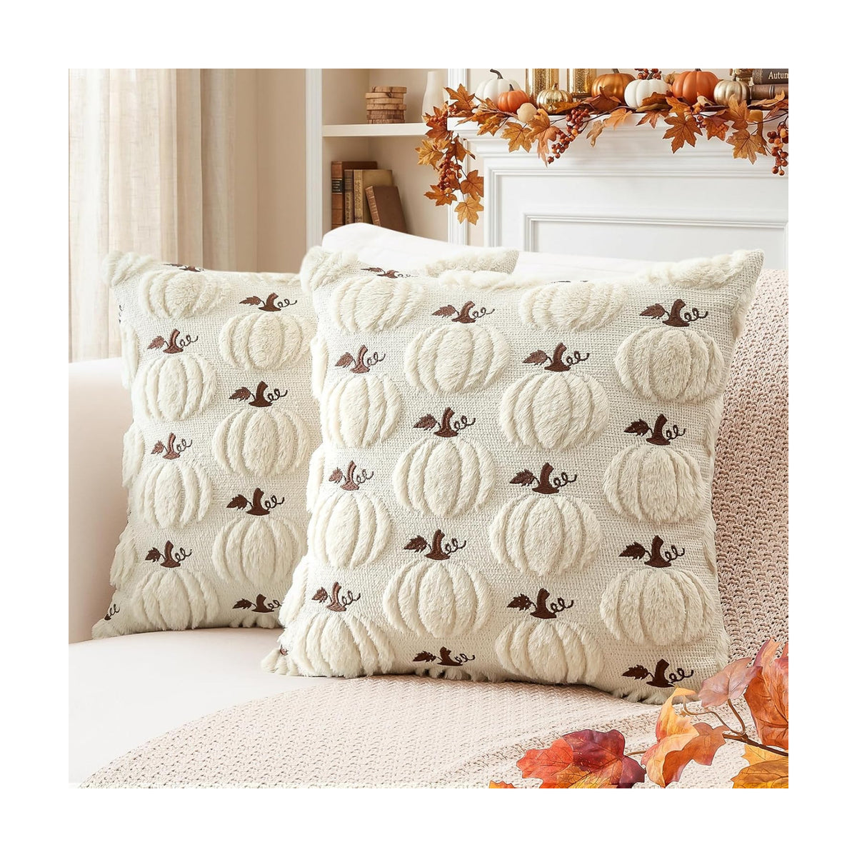 Artscope Fall Pumpkin Throw Pillow Covers 16x16 Set of 2, Autumn Soft Plush Faux Fur Decoration Cushion Covers for Thanksgiving Holiday Couch Sofa Bedroom Home Decor-Beige