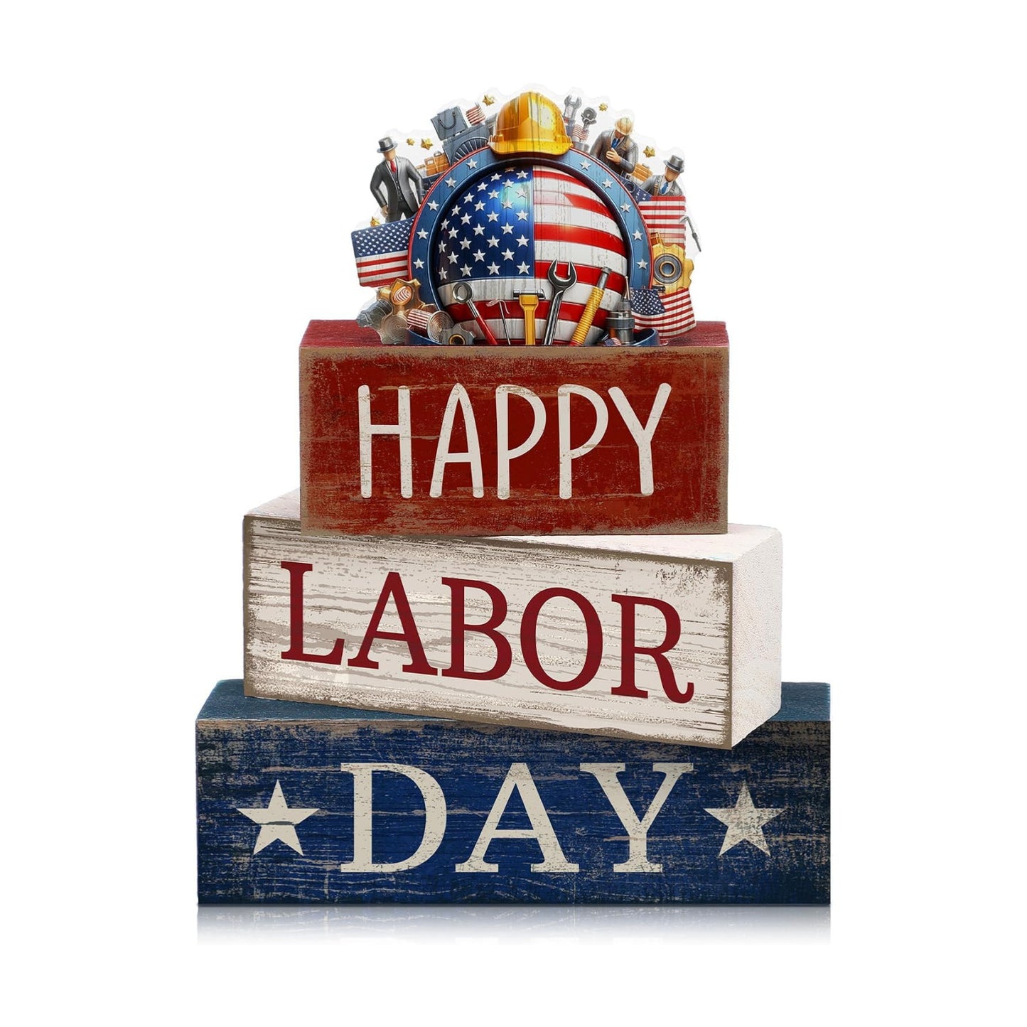 Moucuny 4 Pcs Labor Day Red White Blue Wooden Block Signs Table Decor