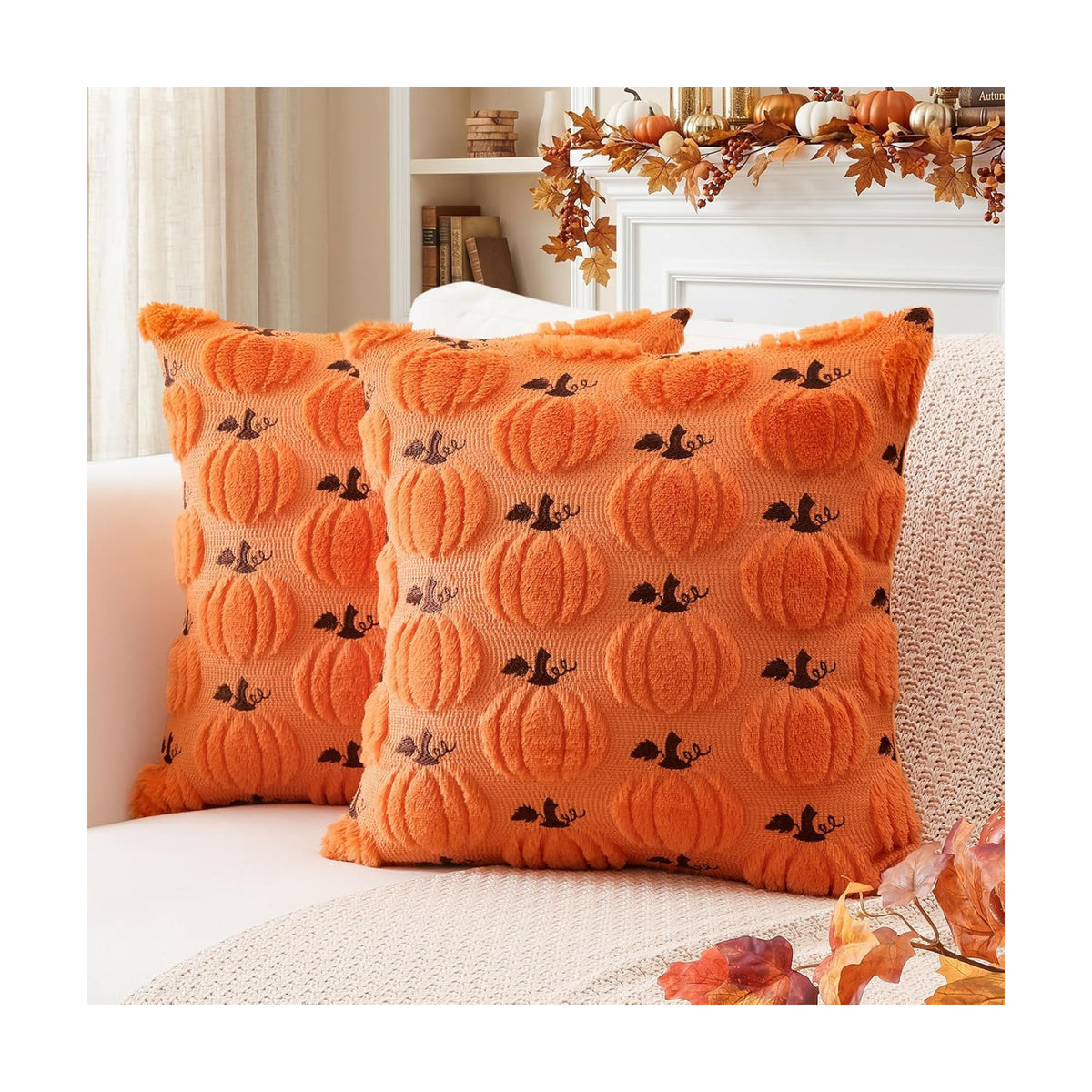Artscope Fall Pumpkin Throw Pillow Covers 18x18 Set of 2, Autumn Soft Plush Faux Fur Decoration Cushion Covers for Thanksgiving Holiday Couch Sofa Bedroom Home Decor-Orange