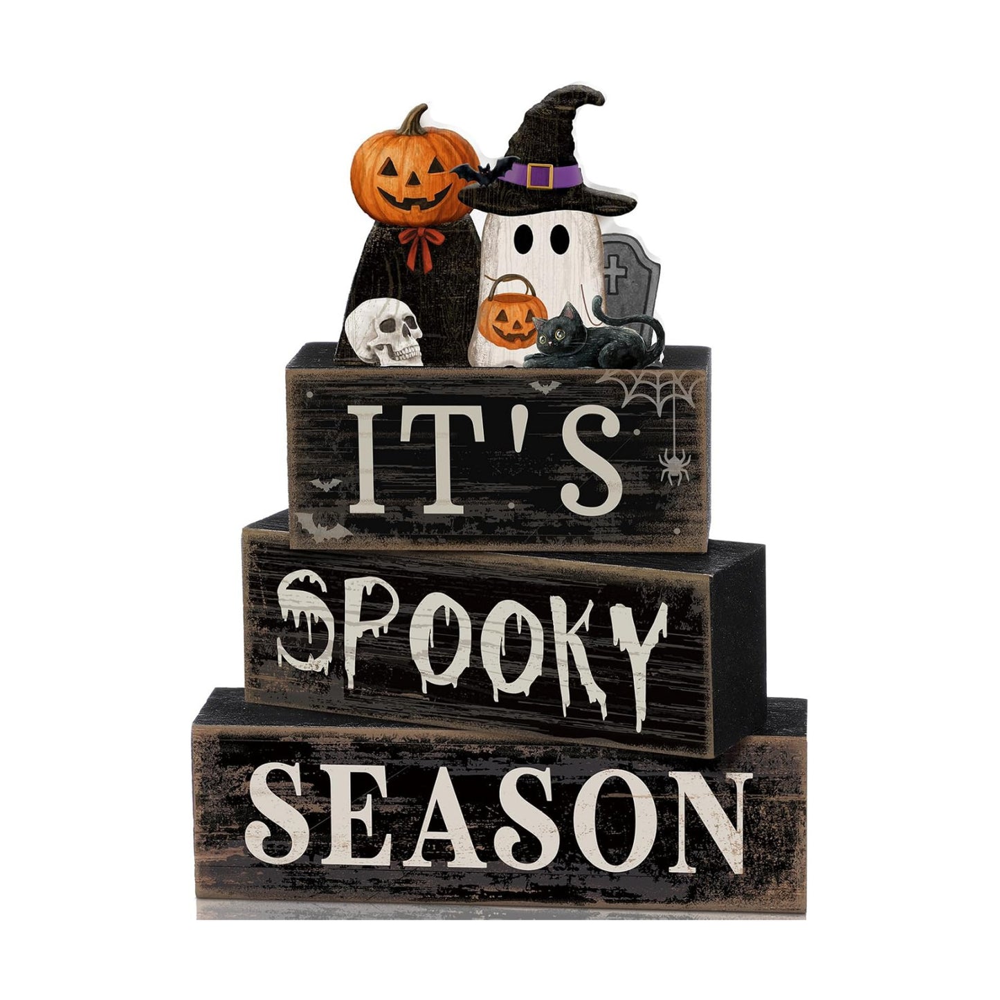 Moucuny 4 Pcs Halloween Table Decor Pumpkin Ghost Wood Stacked Block Decor