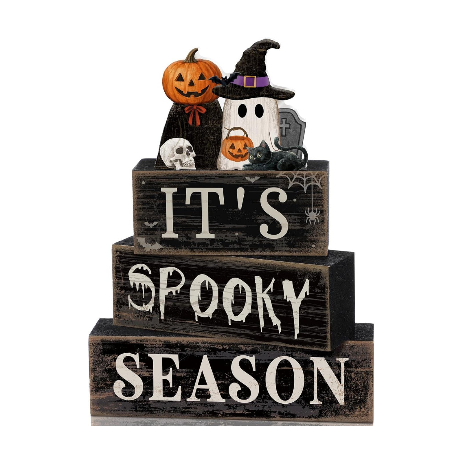 Moucuny 4 Pcs Halloween Table Decor Pumpkin Ghost Wood Stacked Block Decor