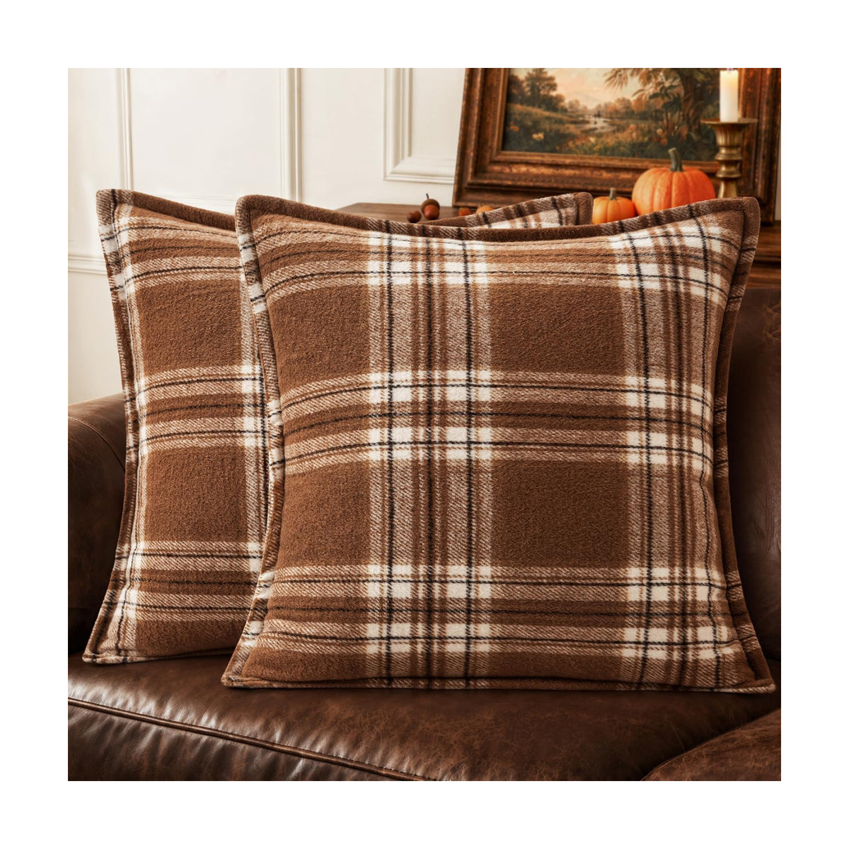 MIULEE Fall Plaid Pillow Covers 18x18 Brown and White Fall Decorations for Home
