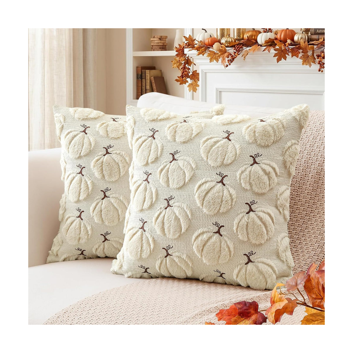 Artscope Pumpkin Fall Throw Pillow Covers 20x20 Set of 2, Autumn Soft Plush Faux Fur Decoration Cushion Covers for Thanksgiving Holiday Couch Sofa Bedroom Home Decor-Beige
