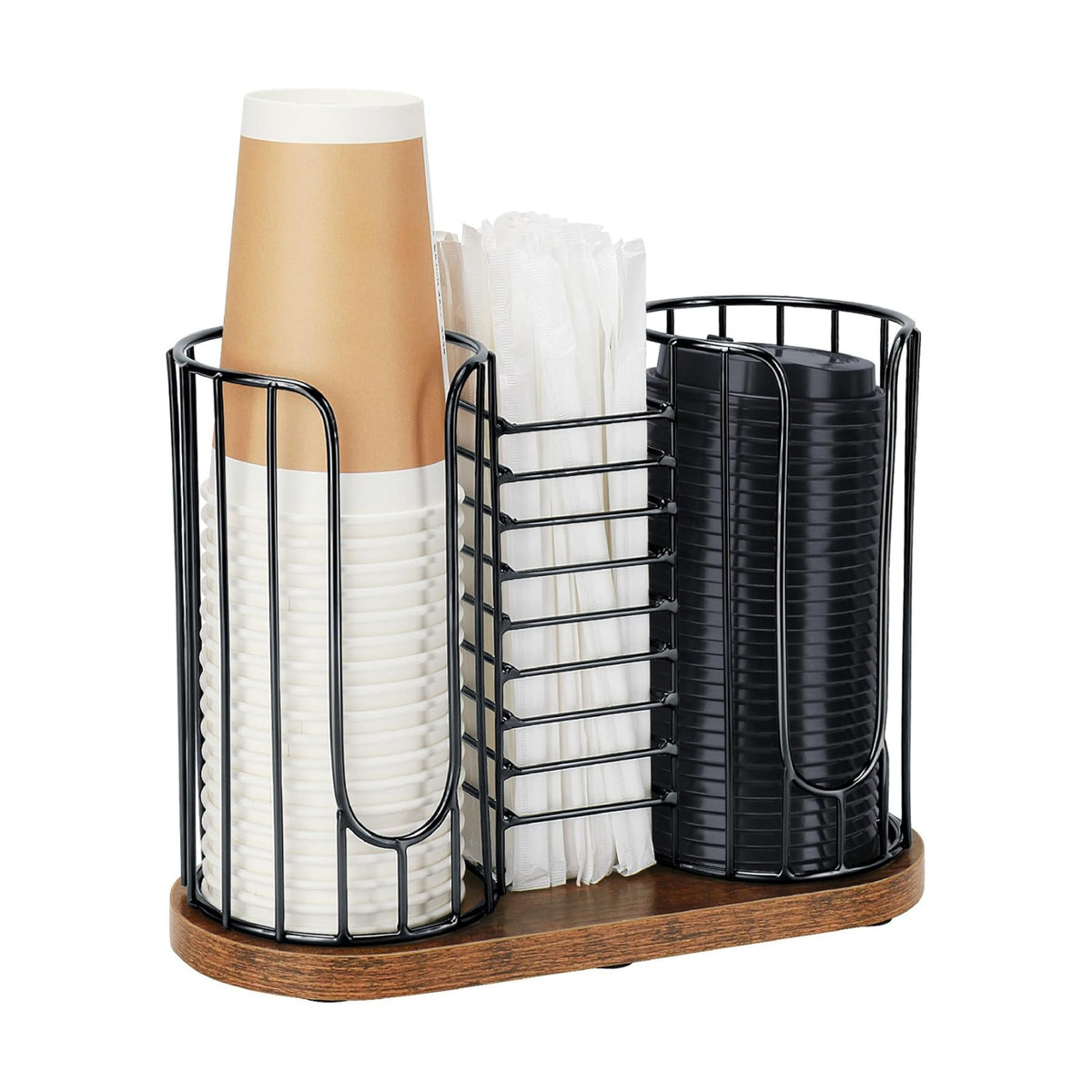Coffee Cup Holder, 3-in-1 Disposable Cup, Straw & Lid Organizer | Paper Cup Dispenser Rack with Wooden Base, Dispenser