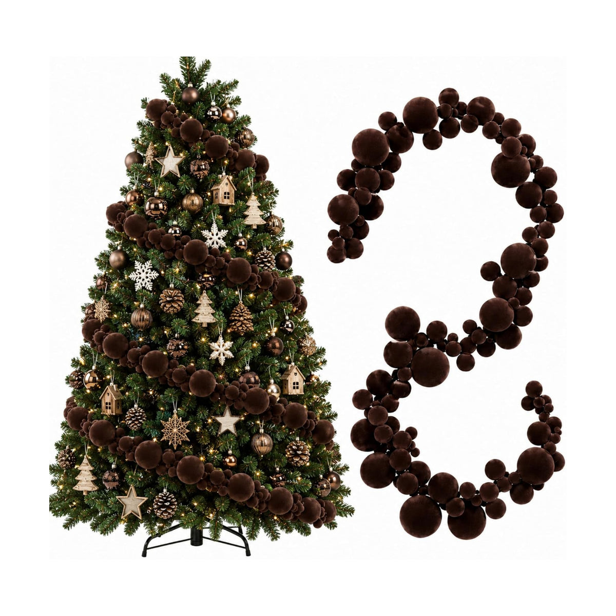 2 Pcs 9 ft Brown Velvet Christmas Ball Ornament Garland
