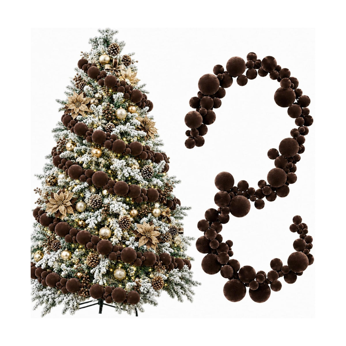 2 Pcs 6 ft Brown Velvet Christmas Ball Ornament Garland
