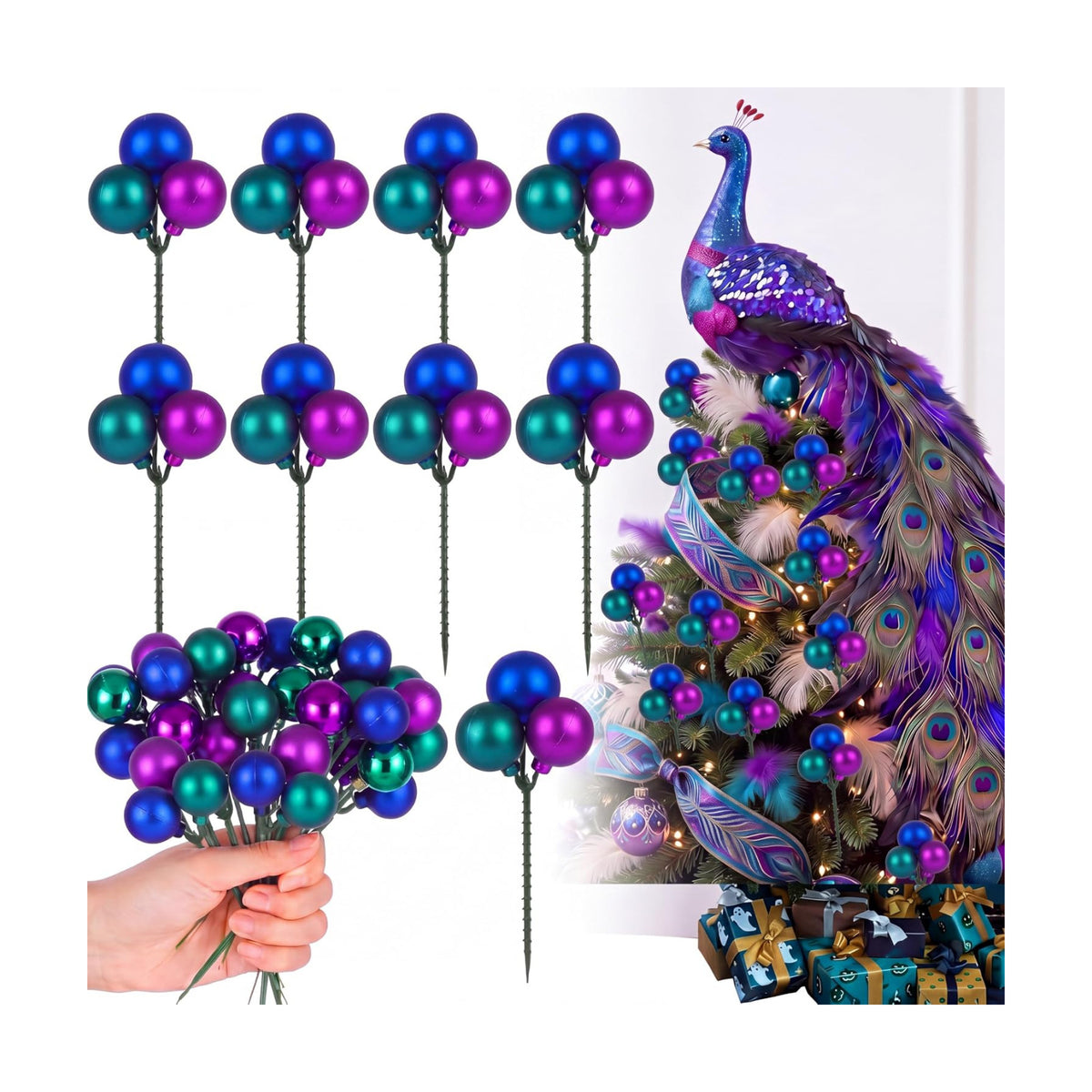 Syhood 12 Sets 7.9 Inch Christmas Peacock Ball Picks, Purple Blue Teal