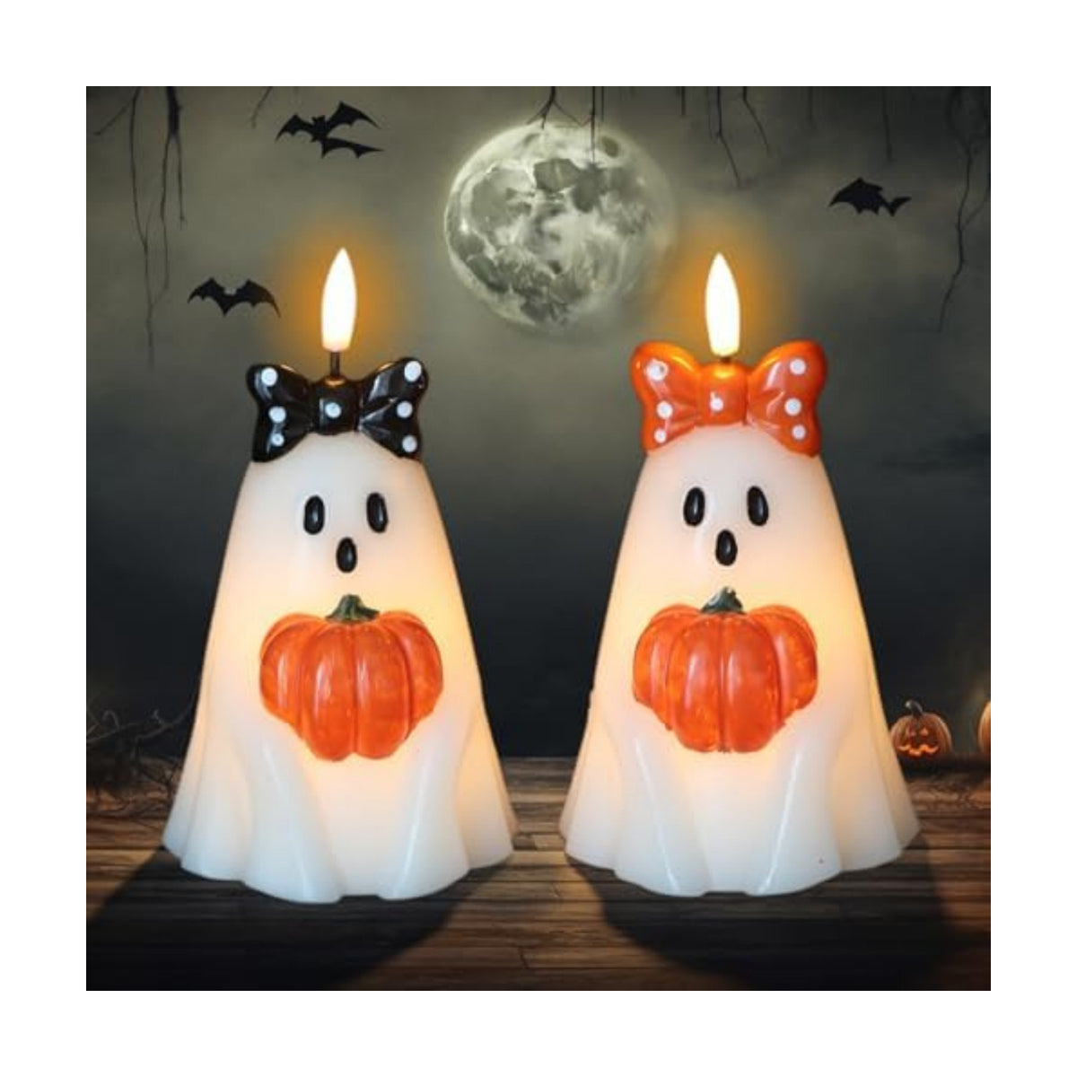 Halloween Ghost Flameless Candles with 6H Timer Hand-Painted Bows