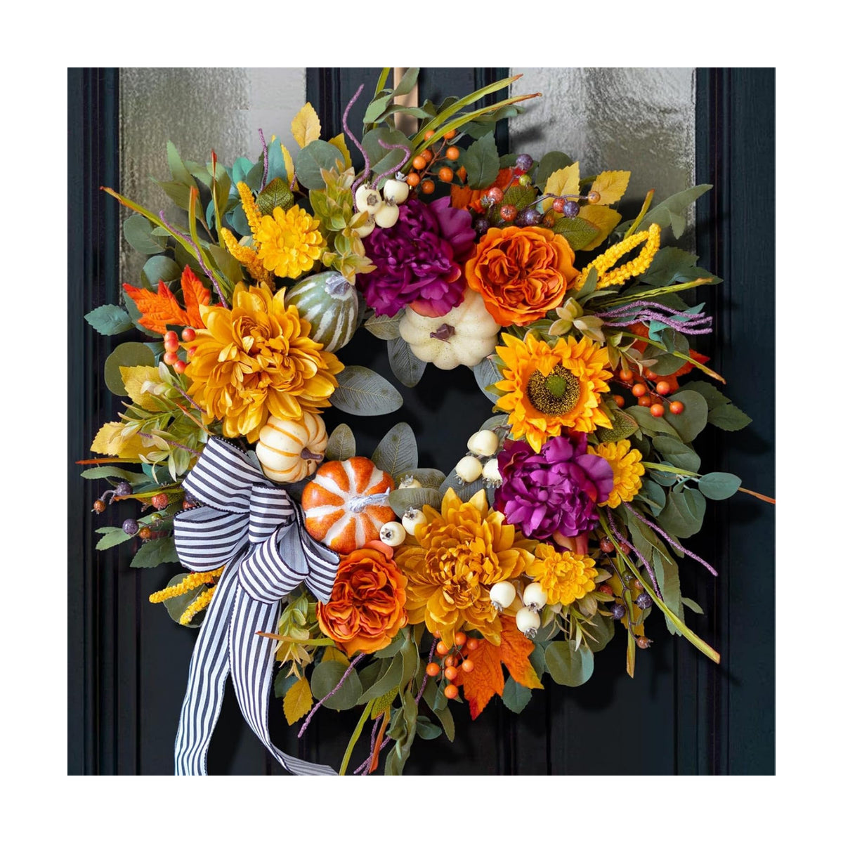 24 Inch Artificial Fall Wreaths for Front Door Outside with Striped Bow