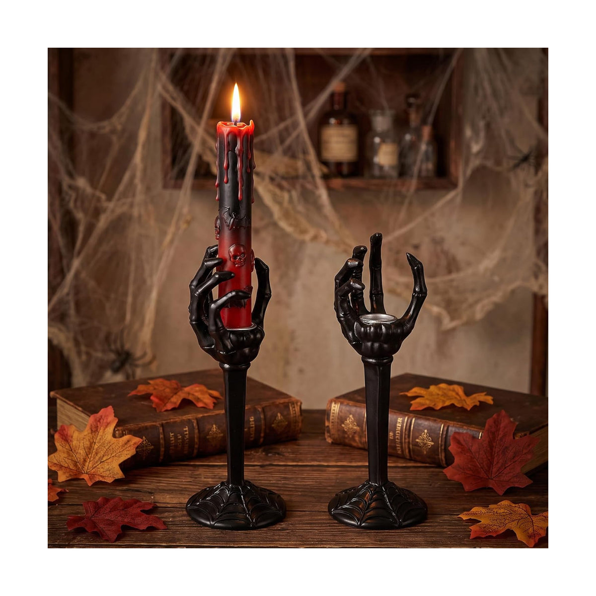 Qinyoung 2 Set Halloween Skull Taper Candle Holders Skeleton Hands Holder Candle Resin Gothic Tea Light Stand Spooky Horror Skeleton Hand Ghost Candlestick for Party Decoration Party(Black)