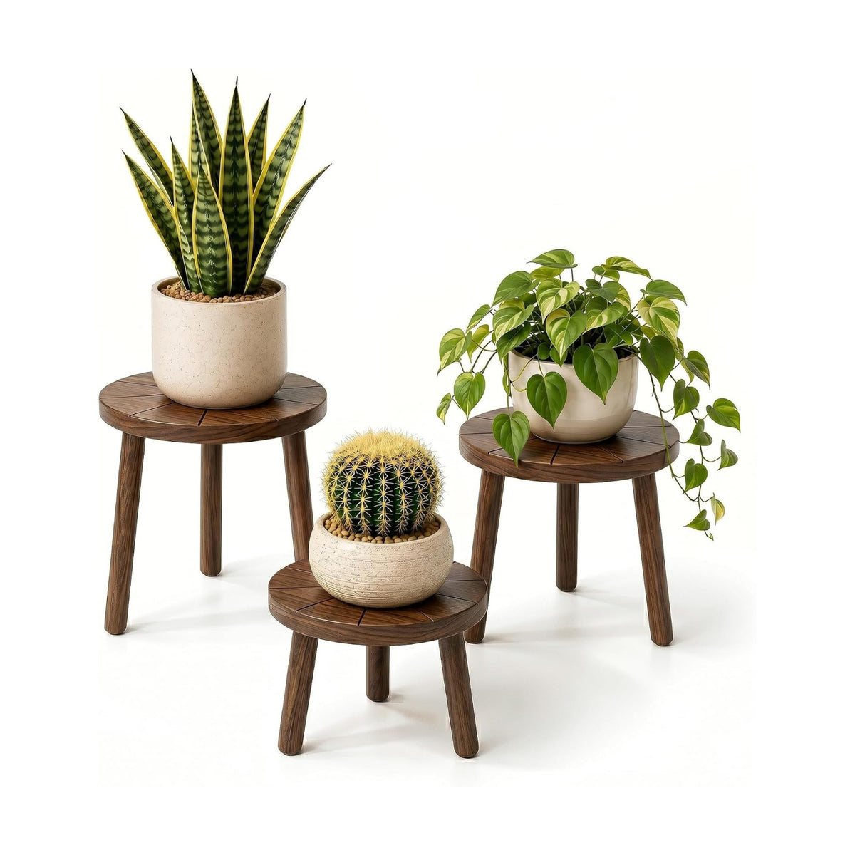 Wood Plant Stands 3-Pack Indoor, Plant Stool, Dark Brown | Premium carbonized pine with moisture-resistant, burr-free