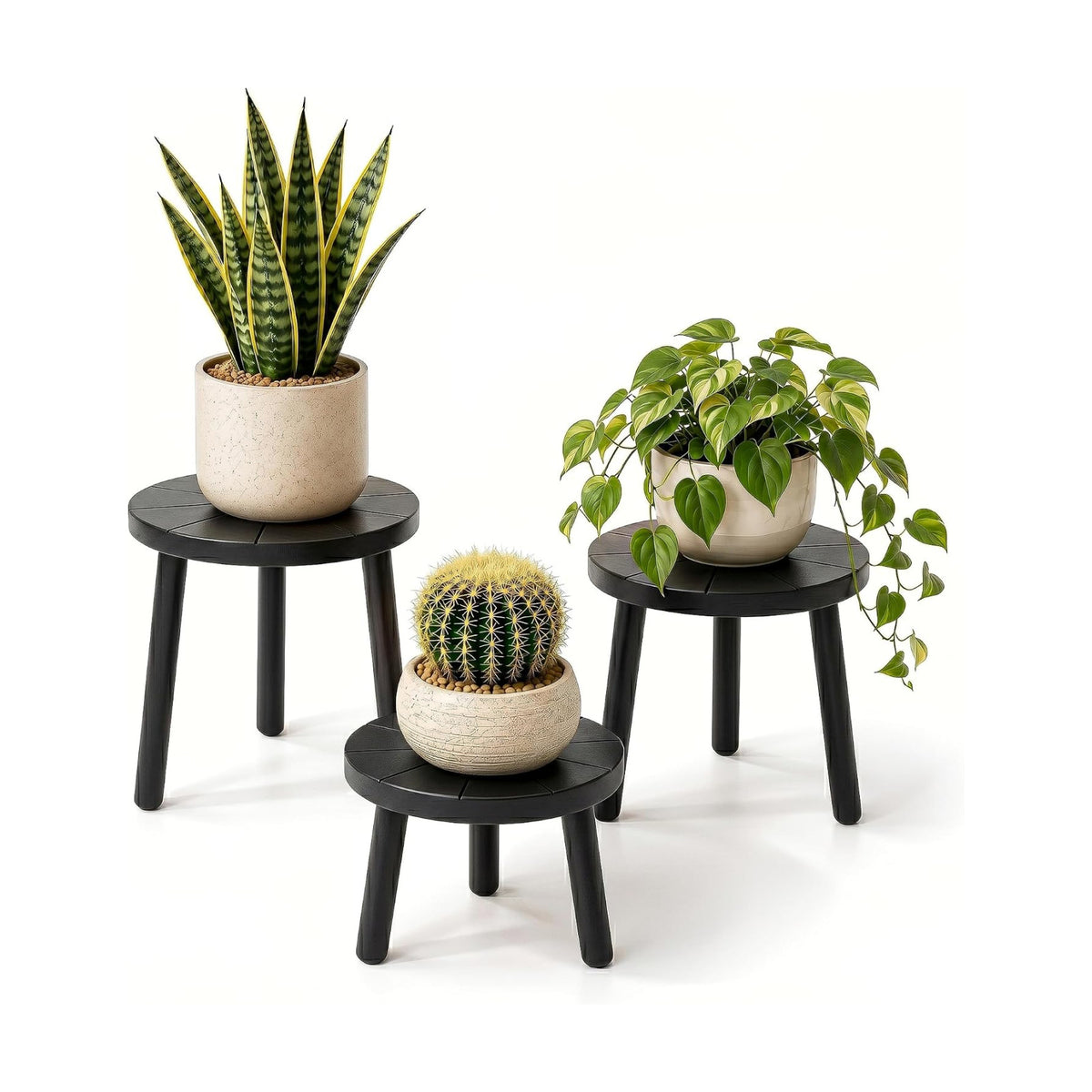 Wood Plant Stands 3-Pack Indoor, Plant Stool, Black | Premium carbonized pine with moisture-resistant, burr-free
