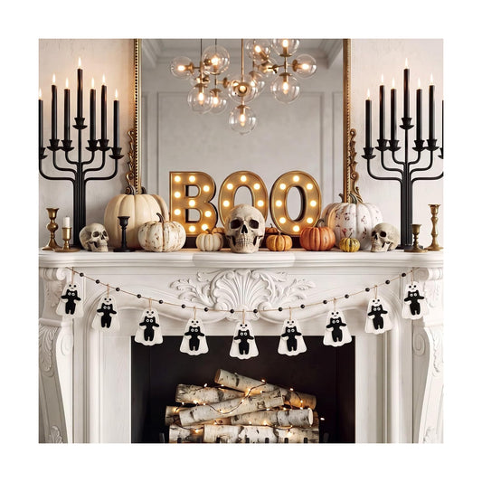 Irenare 12 Pcs Small Felt Halloween Ghost Ornaments with Black Cat Decor