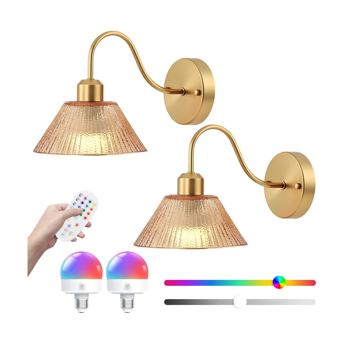 Set of 2 Vintage Battery-Operated Wall Sconces,Wireless Rechargeable Wall Light with Glass Lampshade，Dimmable Wall