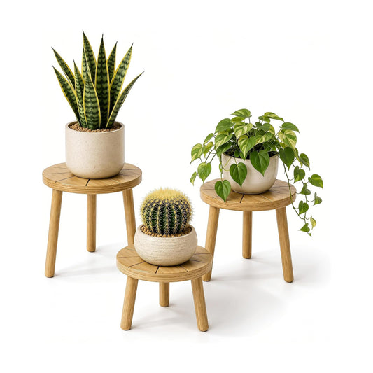 Wood Plant Stands 3-Pack Indoor, Plant Stool, Light Brown | Premium carbonized pine with moisture-resistant, burr-free