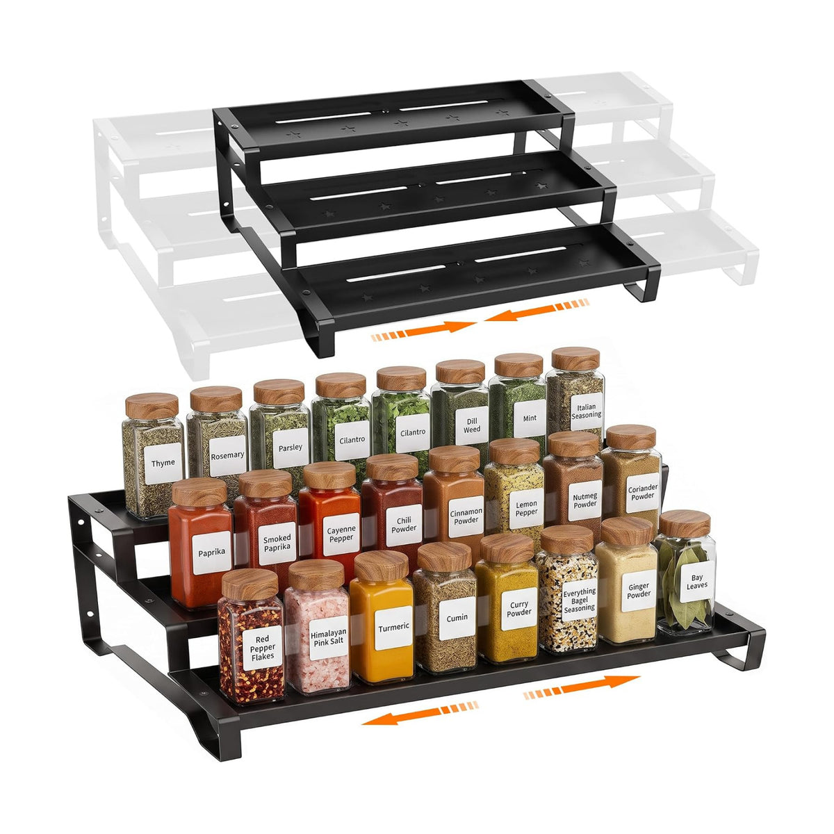 2 Pack Spice Rack Organizer for Cabinet, 13-21.5" Expandable Spicy Shelf | 9.45" Depth 3-Tier Black Metal Seasoning
