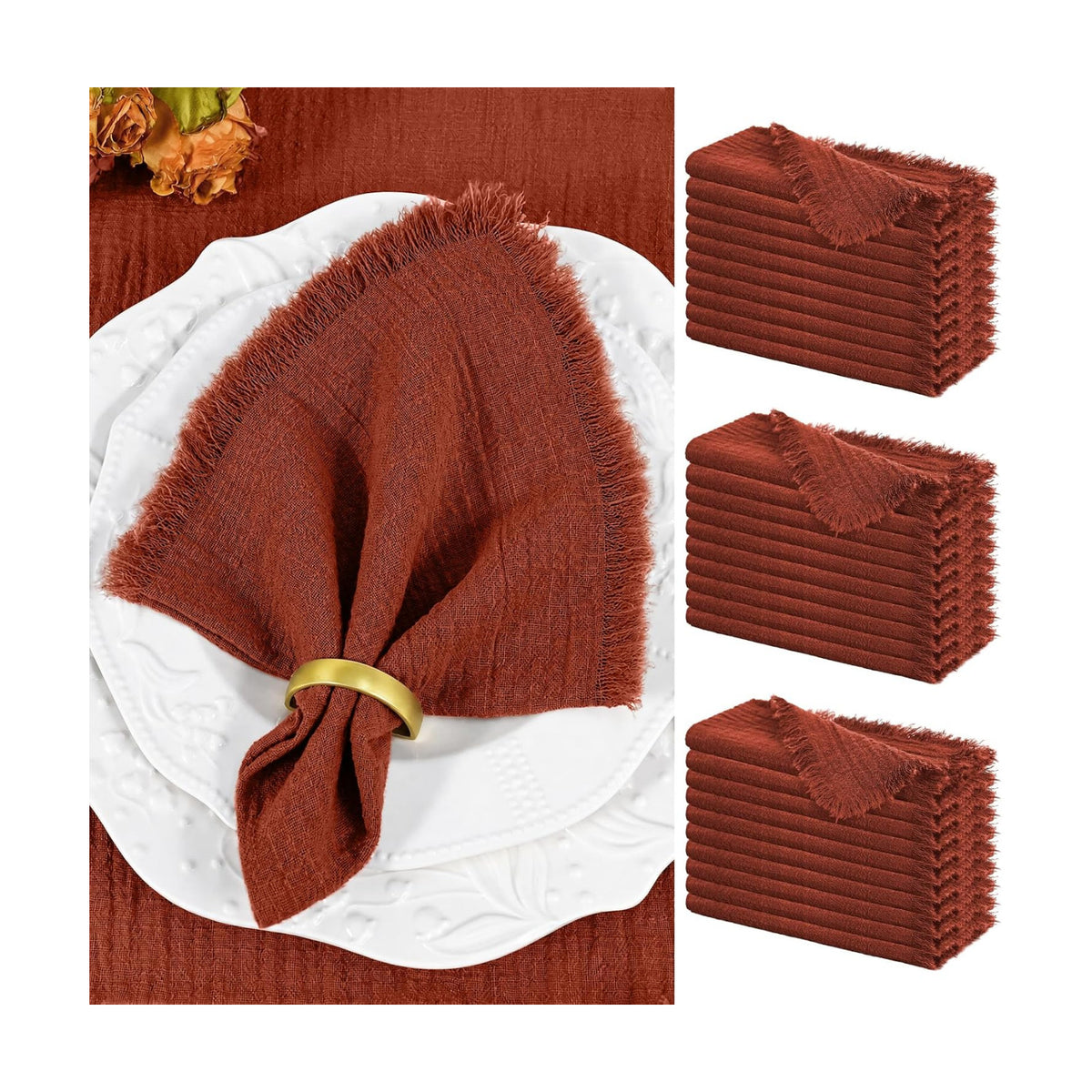 Showgeous 30 Pack Terracotta Cloth Napkins with Fringe, 16x16 inch | 100% Cotton Terracotta Napkins Handmade Dinner