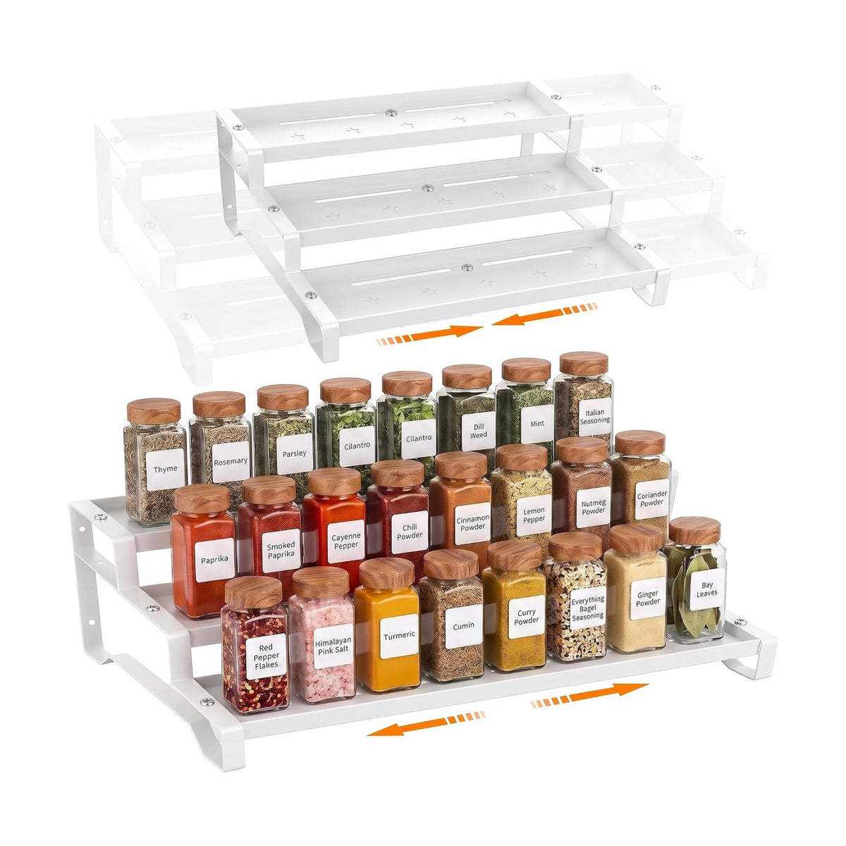 2 Pack Spice Rack Organizer for Cabinet, 13-21.5" Expandable Spicy Shelf | 9.45" Depth 3-Tier White Metal Seasoning