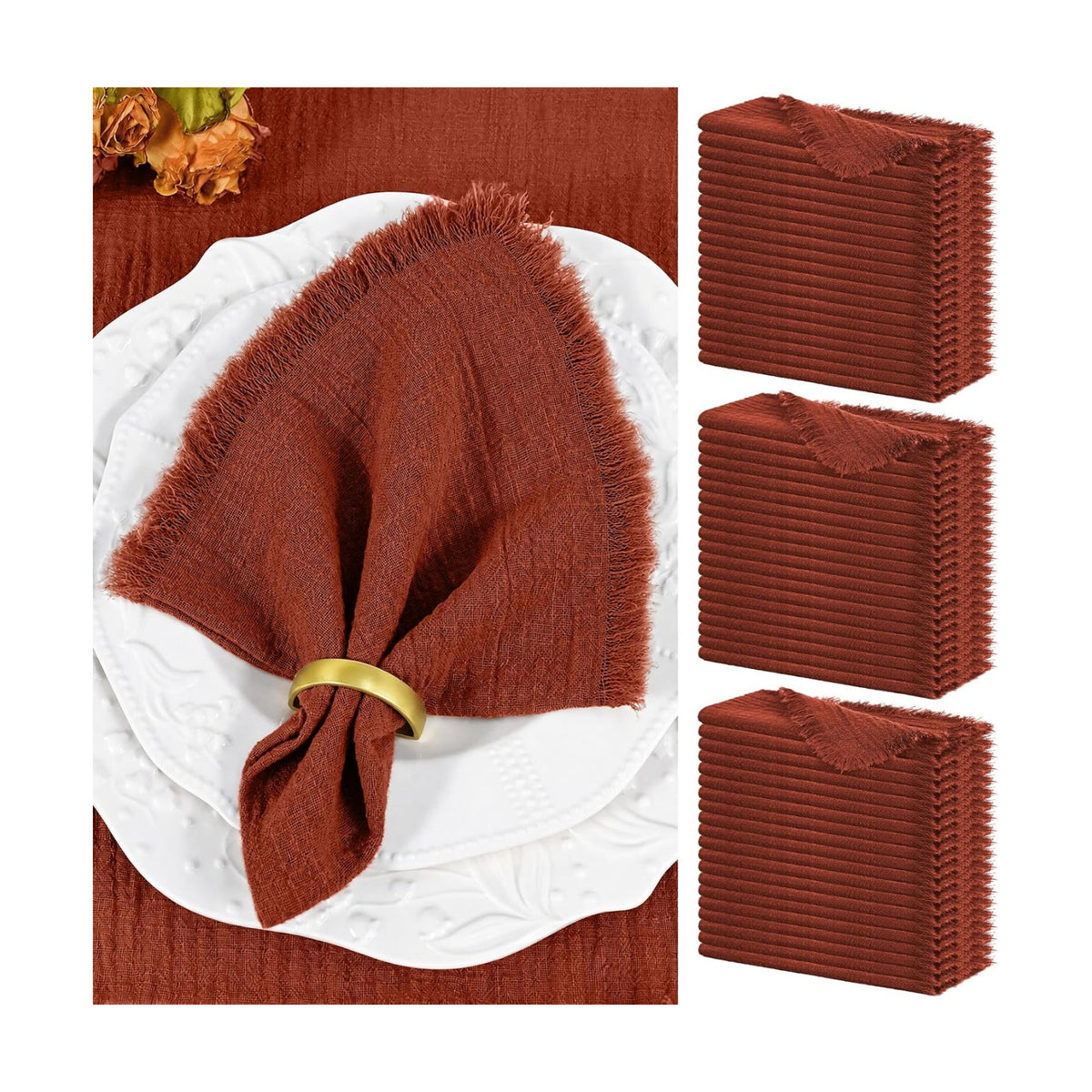 Showgeous 60 Pack Terracotta Cloth Napkins with Fringe, 16x16 inch | 100% Cotton Terracotta Napkins Handmade Dinner