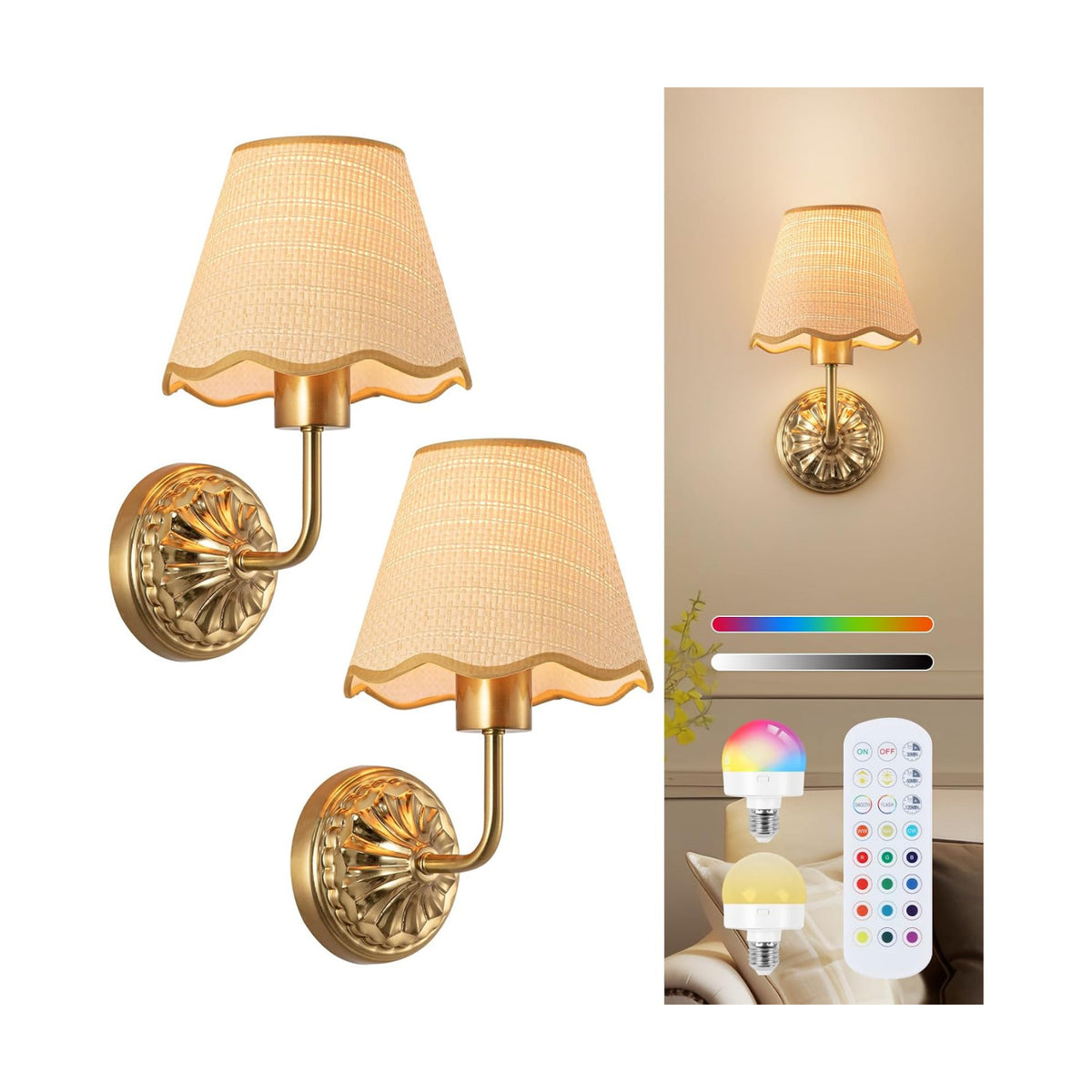 ADISUN Battery Operated Wall Sconce Set of 2, Gold Wall Lamps for Living Room, Rattan Shade, Vintage Base Dimmable
