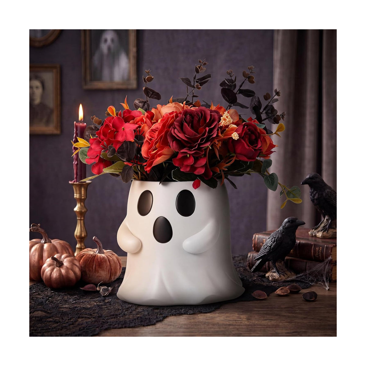 SiliFine Halloween Ghost Bucket with Artificial Flowers Halloween Vase